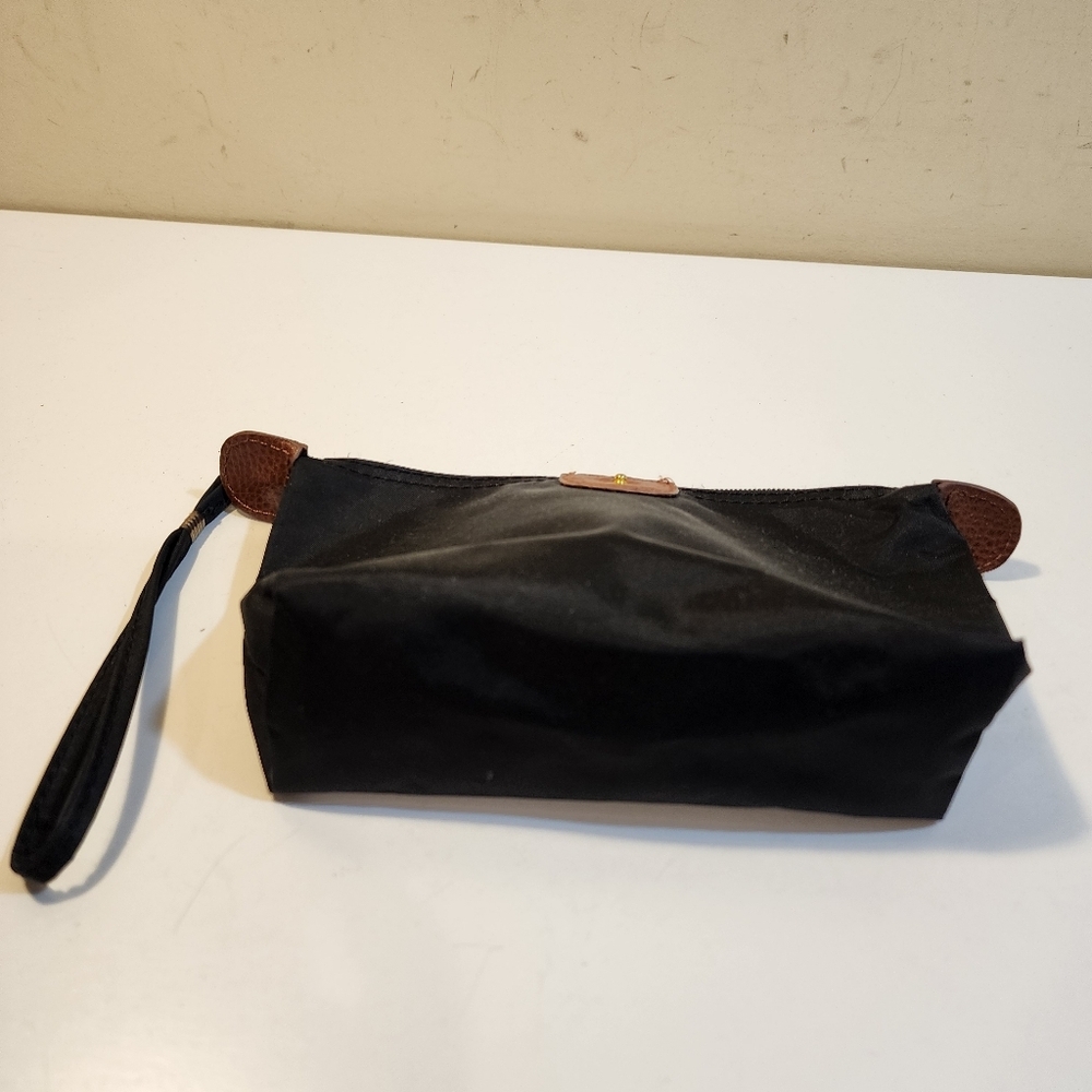Black Nylon Cosmetic Pouch with Brown Leather Trim - Picture 4 of 10